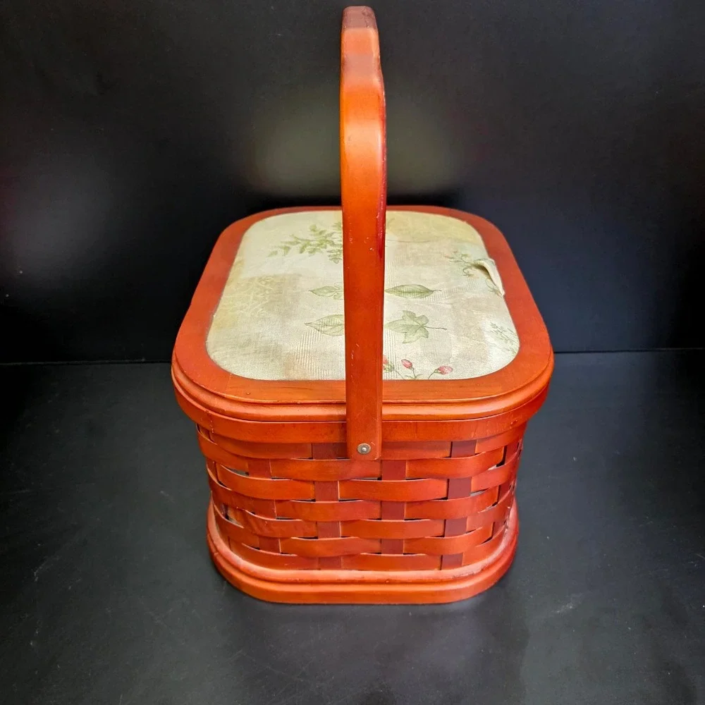 Handwoven Basket Swing Handle Lid Liner Wood Tray Brown Leaf Pattern Cottagecore